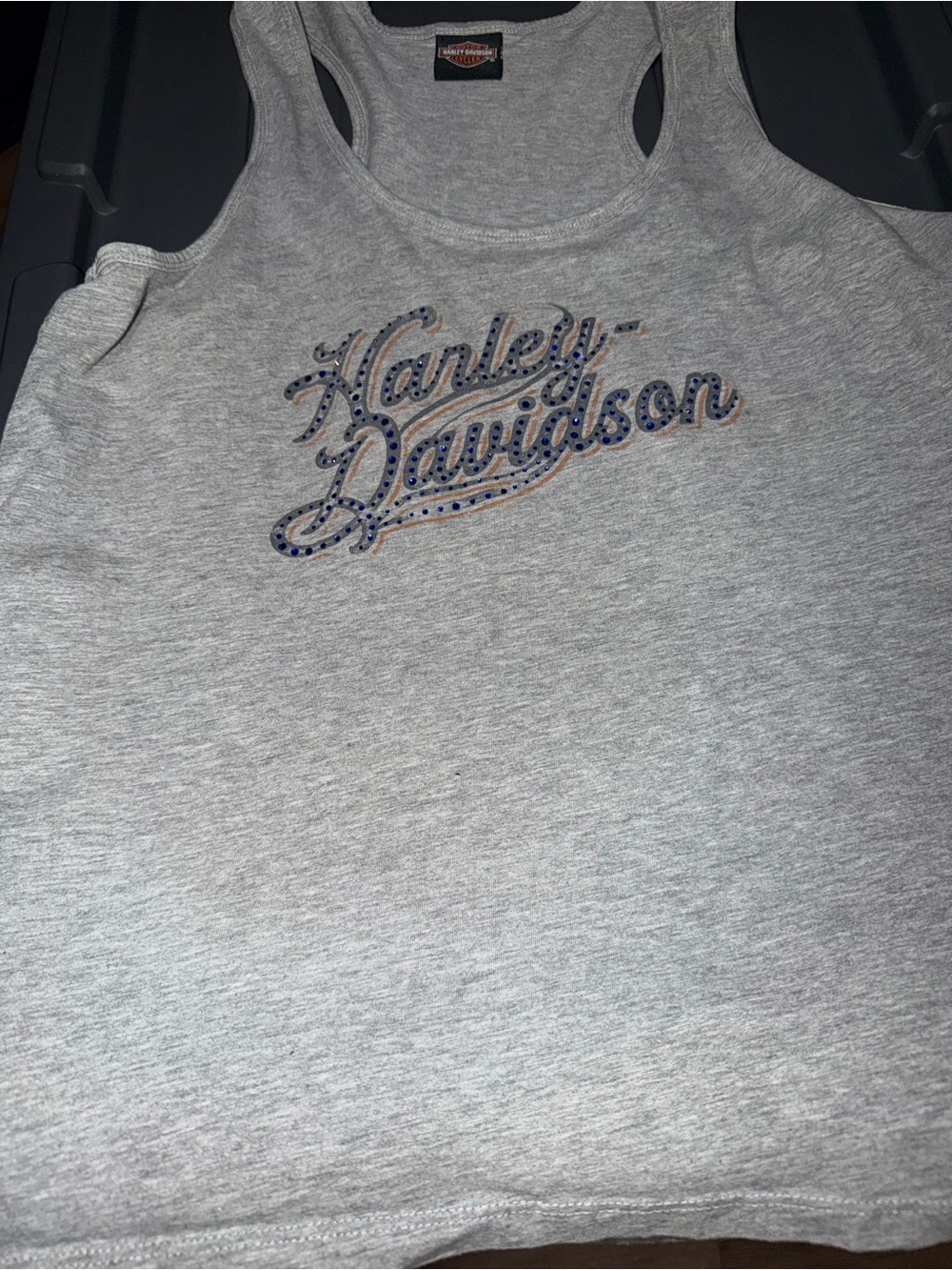 Harley-Davidson Gray Tank with Blue Jeweled Script